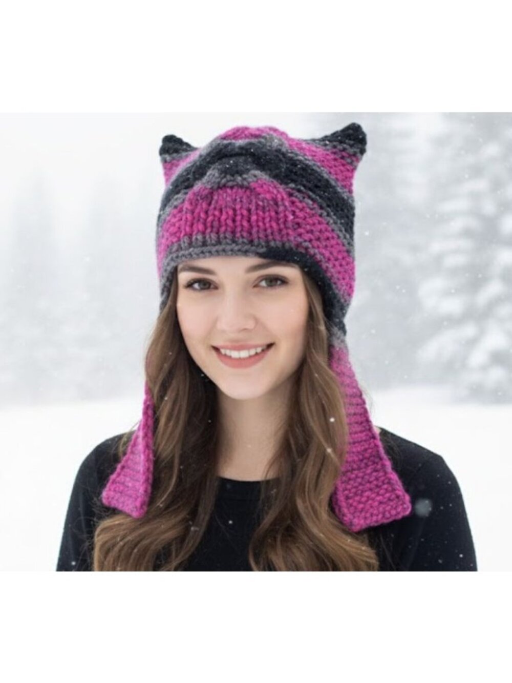 โญWomens Handmade Pink Cat Ear Beanie Hat Soft Knit Purple Winter Cap Trapper New